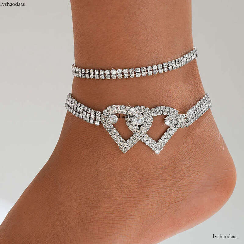 New fashion style exaggerated dia studded heart-shaped ankle chain two-piece set, light temperament foot accessories