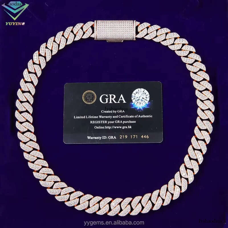 Yu Ying 15mm Width Shine Necklace Ice Out Moissanite Dia Solid Sier Cuban Link Chain for Hip Hop Jewelry