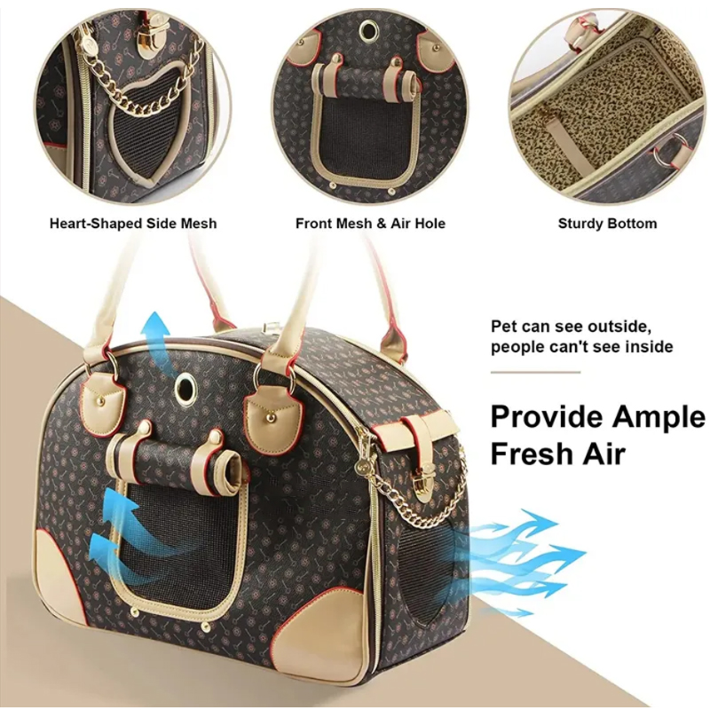 Luxury Pet Dog Bag Cat Carrier Puppy Small Dog Carrier Breathable Travel Tote Waterproof PU Leather Carrying Handbag with Breathable Mesh for Outdoor 