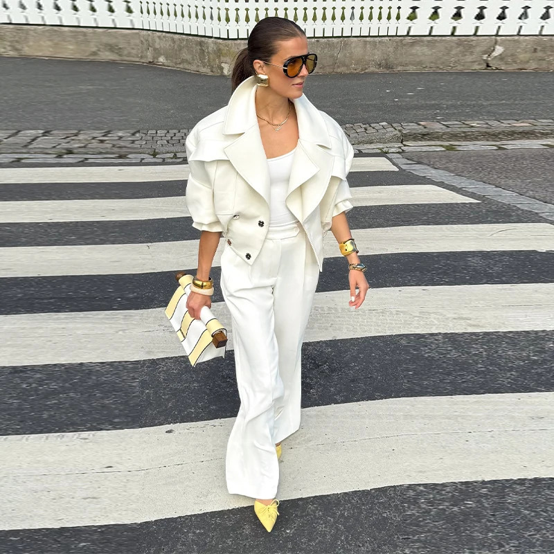 Womens Casual White Lapel Short Jacket Chic Loose Full Sleeve Double Breasted Coats Autumn Office Lady Commute Outerwear 251017 - view 3