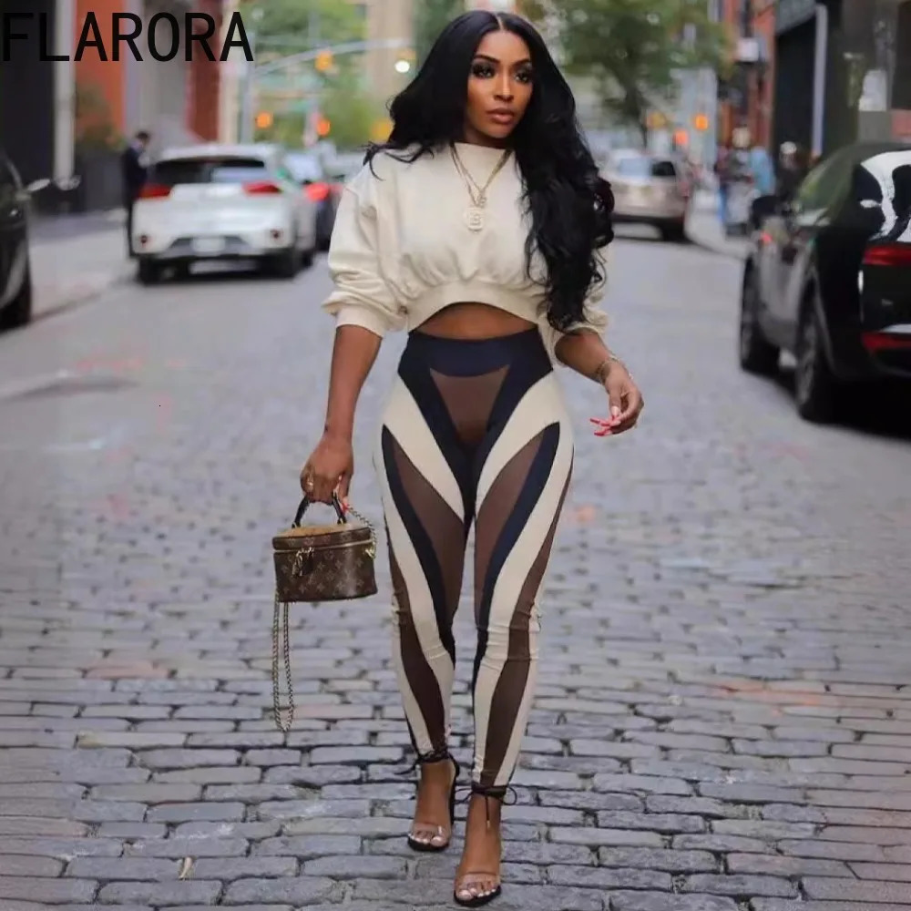 FLARORA Fashion Stripe Print 2 Pcs Sets Woman Round Neck Long Sleeve Crop Tops And Skinny Pants Outfits Fall Street Tracksuits 251018