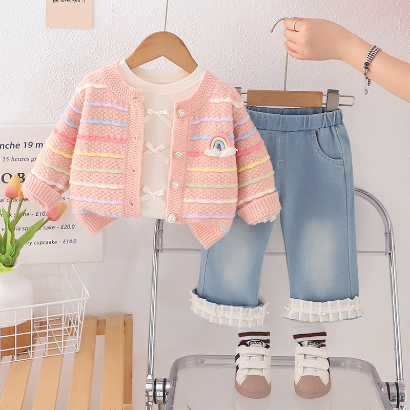 Girls' set of colorful sweaters and cardigans, three piece set, stylish 2025 Spring and Autumn style children's girls' clothes free shi