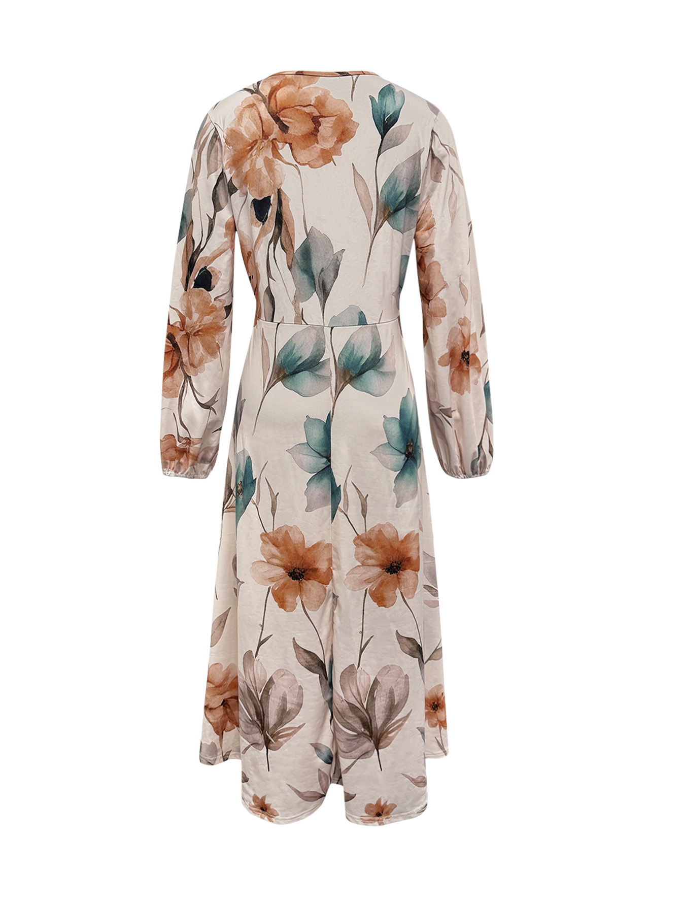 Women's Autumn Winter Floral Print Midi Dress - Elegant Office Casual Long Sleeve Dress-CF56163
