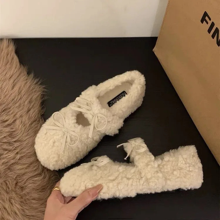 Warm Mary Jane Shoes for Women Hook Loop Flat Low Heels Round Toe Shoes Women Solid Fur Plush Butterfly Knot Casual Shoes 251013