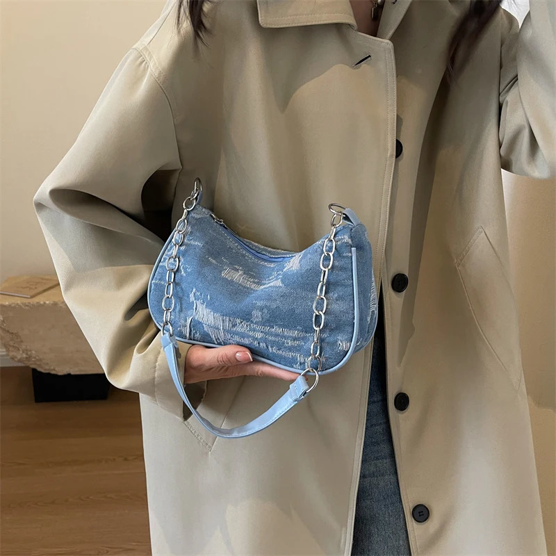 Retro Design Womens Chain Shoulder Bag Soft Denim Female Underarm Bag Handbags Fashion Ladies Small Square Tote Purse Bags R251018