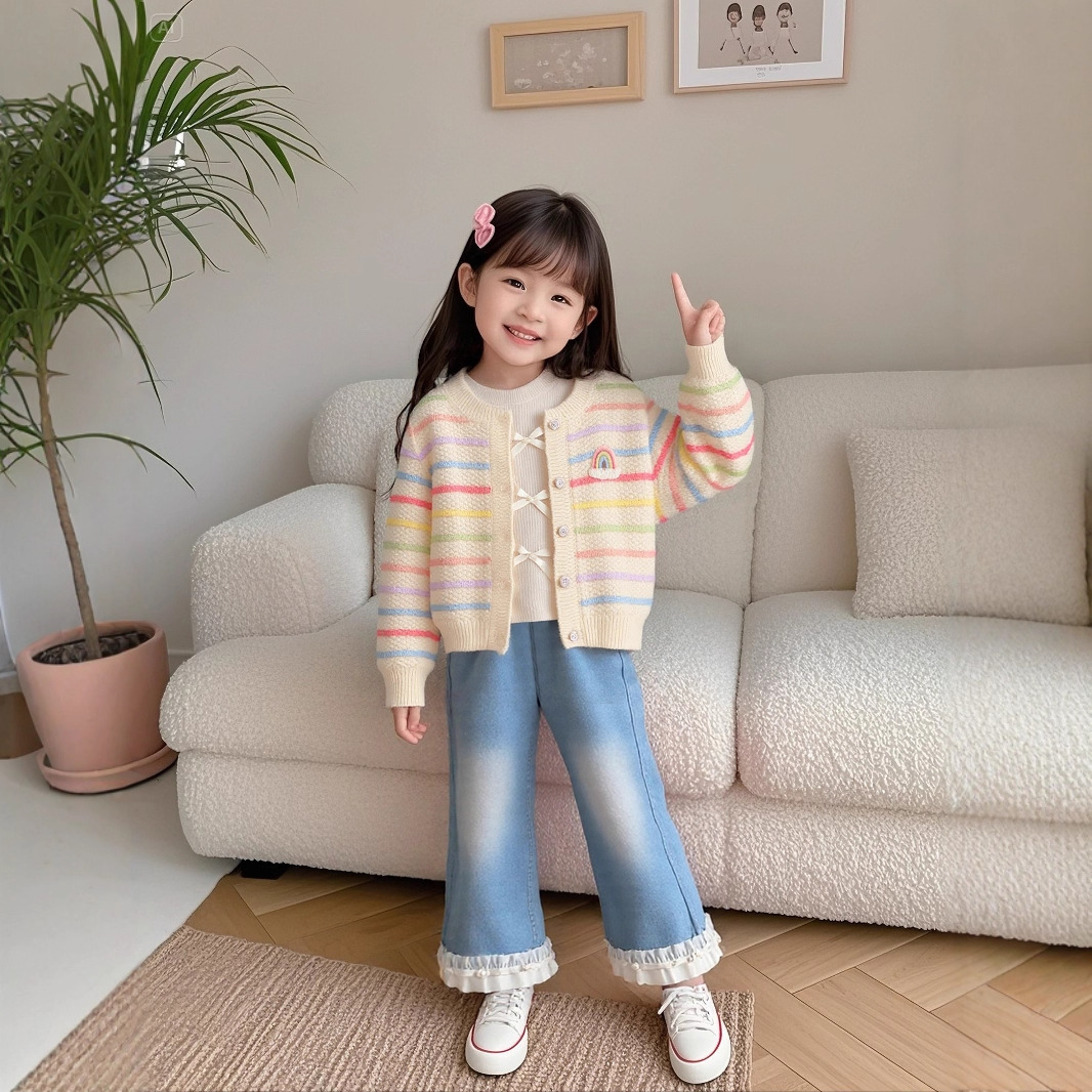 Girls' set of colorful sweaters and cardigans, three piece set, stylish 2025 Spring and Autumn style children's girls' clothes free shi