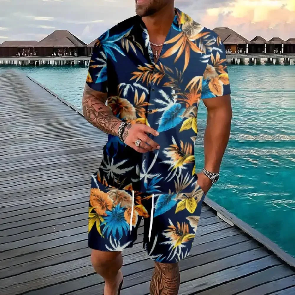 Hawaiian Shirt Flamingo Coconut Tree 3d Print Short Sleeve ShirtShorts 2Pcs Set Casual Beachwear Vacation Suits Men Clothing 251010