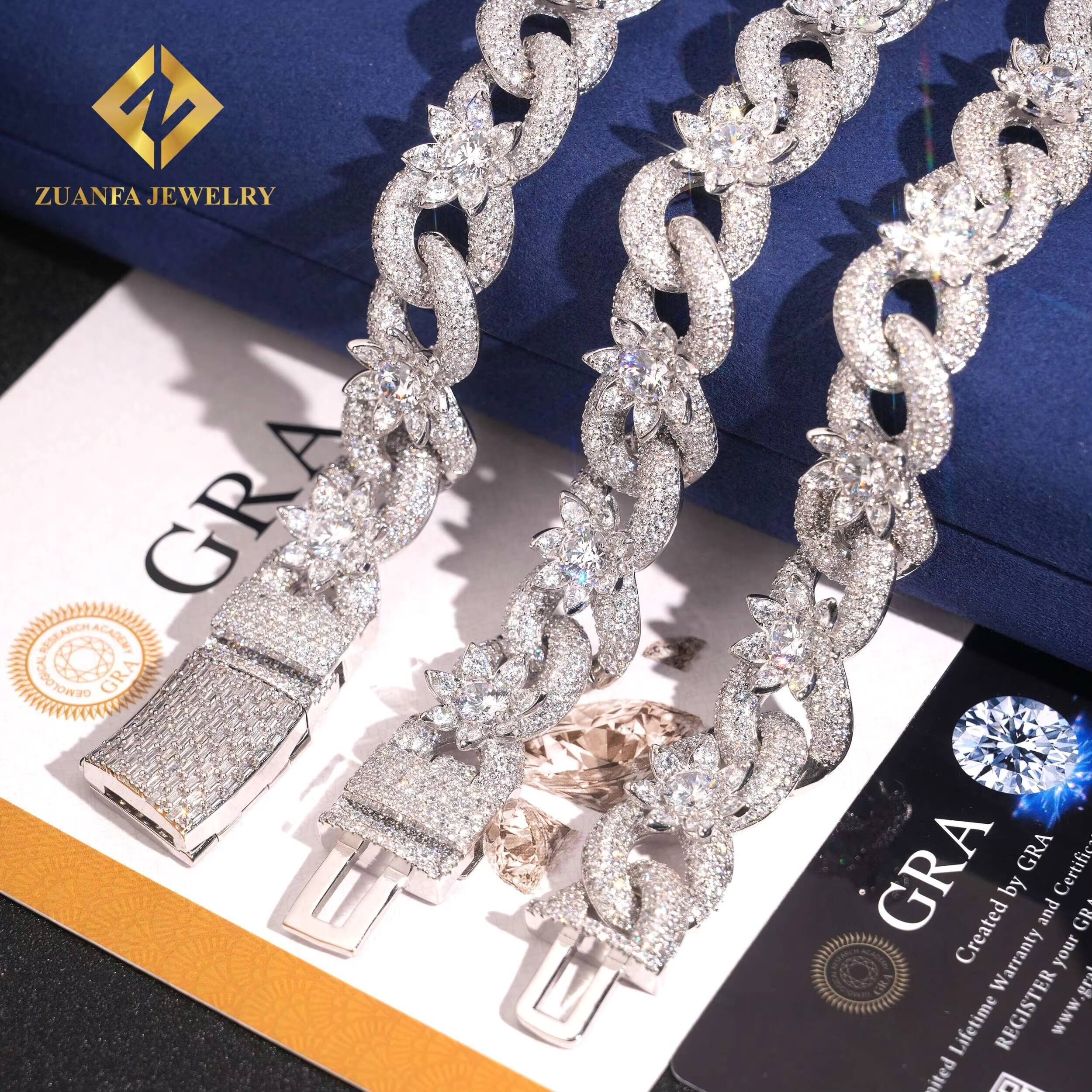 18mm Cuban Link Chain Infinity Flowers for Men Miami Necklace Iced Out Hip Hop Jewelry in 925 Silver Moissanite Diamond Mosaic