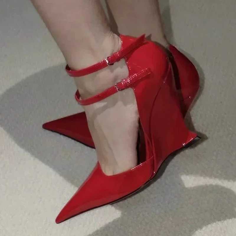 Elegant Red Patent Leather Wedges High Heels Women Sexy Pointed Toe Pumps Fashion Double Buckle Strap Ladies Party Dress Shoes Z251015