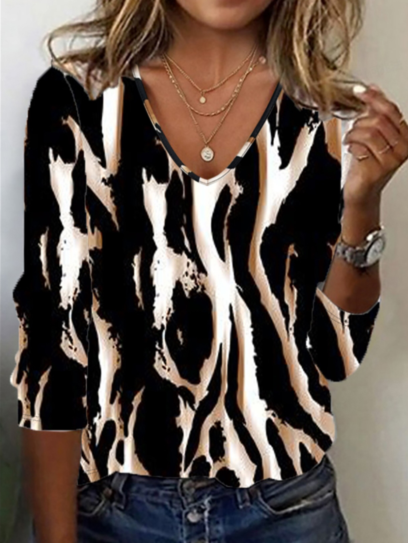Women's Autumn Winter Animal Print Long Sleeve V-Neck Top - French Elegant Casual T-Shirt-CF50782