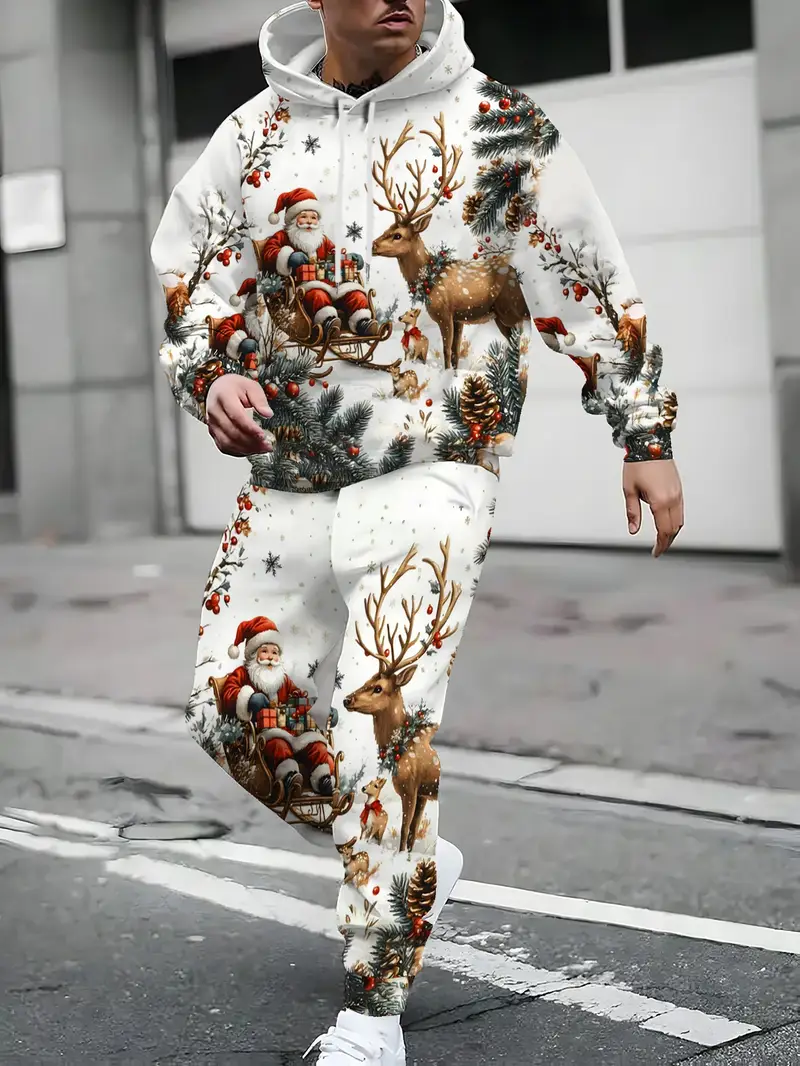Men's Christmas Santa & Reindeer Graphic Hoodie Set - 2 Piece Casual Streetwear Outfit2-3-Christmas Edition