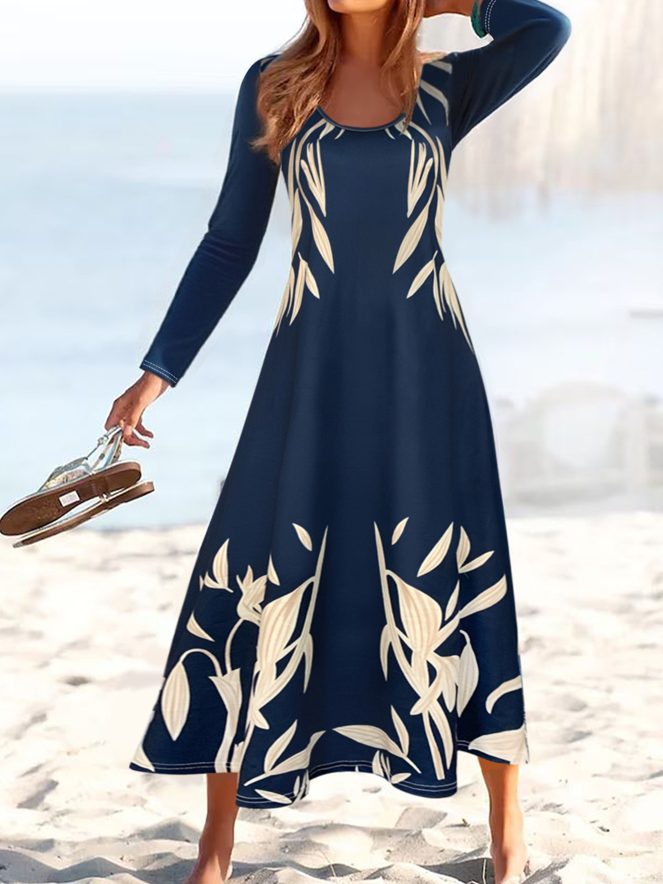 Women's Autumn Winter Botanical Floral Print Long Sleeve Maxi Dress - Elegant Office Casual Navy Blue Dress-CF56264