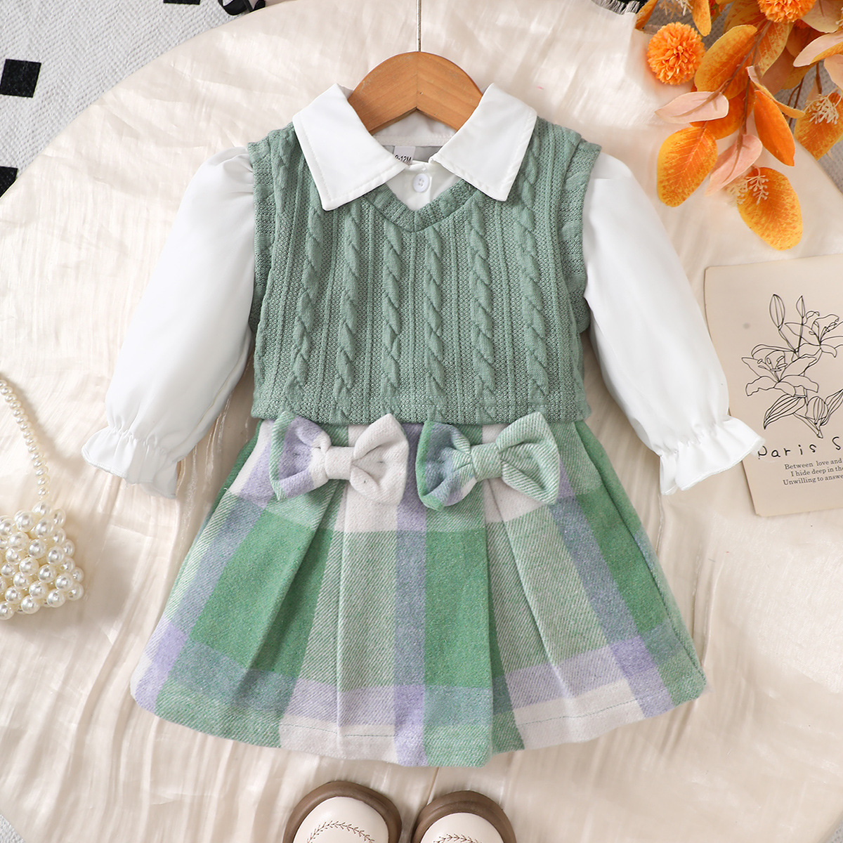 Baby Girl Winter Clothes Set Twisted Vest+White Blouse Shirts+Plaid Skirt 3pcs Kids School Outfit For Girls R251018