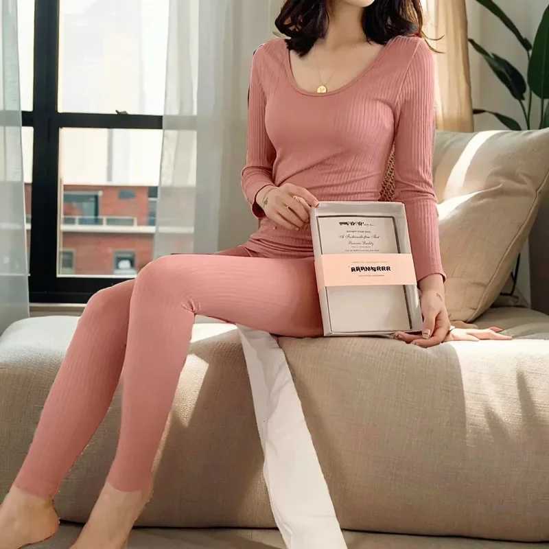 Womens Vertical Stripe Thermal Underwear Sets Fashion Thread Round NeckConstant Temperature Slimming Long Johns Underwear Set T251018