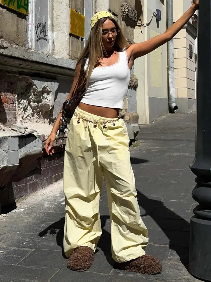 Blubelle Womens Low Waist Cargo Pants Drawstring Ruched 100Cotton Baggy Trousers Elastic Hem Autumn Casual Streetwear 251017