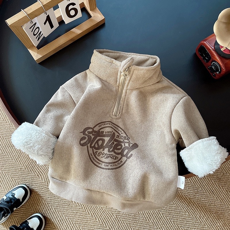 Male baby with plush semi high neck zipper set, children's autumn and winter baby clothes, children's clothing for boys aged 1-4, winter fre