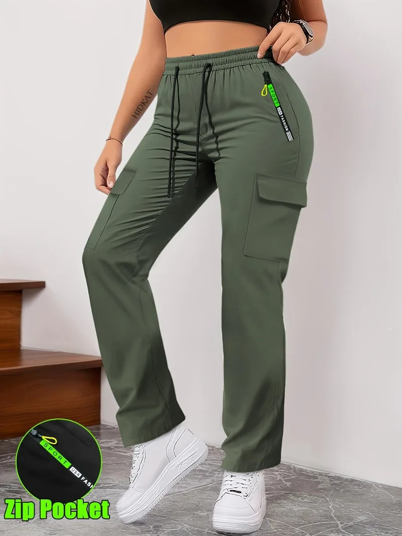 Letter Print Cargo Pants Fashionable Womens Patch n Drawstring Elastic Waist Zipper Pockets 251017