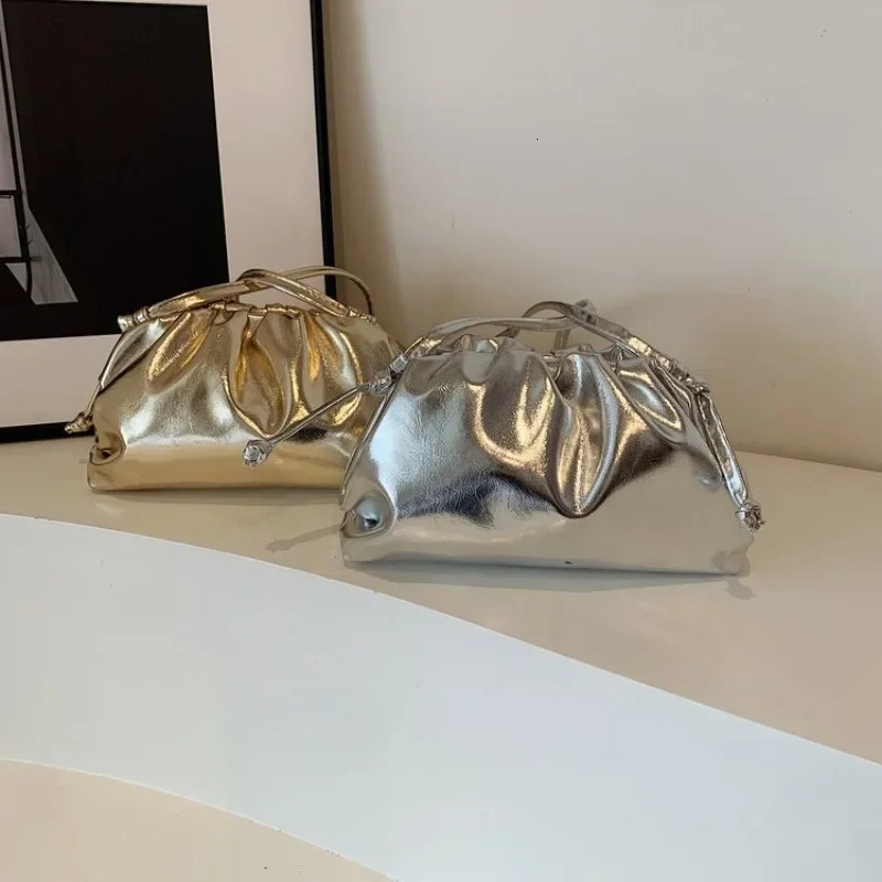 Small Design Womens Soft PU Leather Gold Silver Cloud Hobo Bag Elegant Dressy Handbag Ruched Dumpling Party Clutch Purse R251018