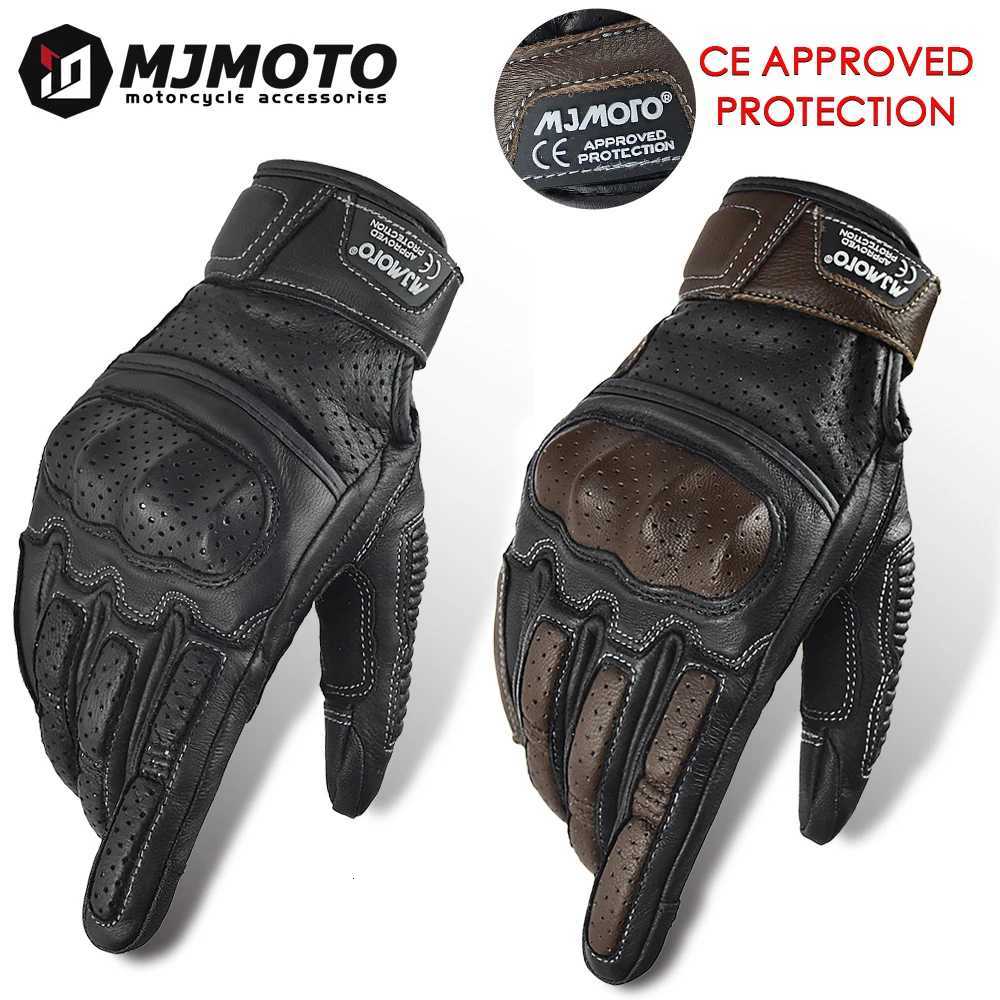 With CE Approved Summer Retro Perforated Leather Motorcycle Gloves Men Women Full Finger Motocross Dirt Biker Glove Guantes Moto Z251018