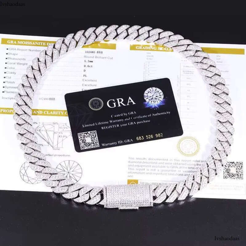 Yu Ying 15mm Width Shine Necklace Ice Out Moissanite Dia Solid Sier Cuban Link Chain for Hip Hop Jewelry