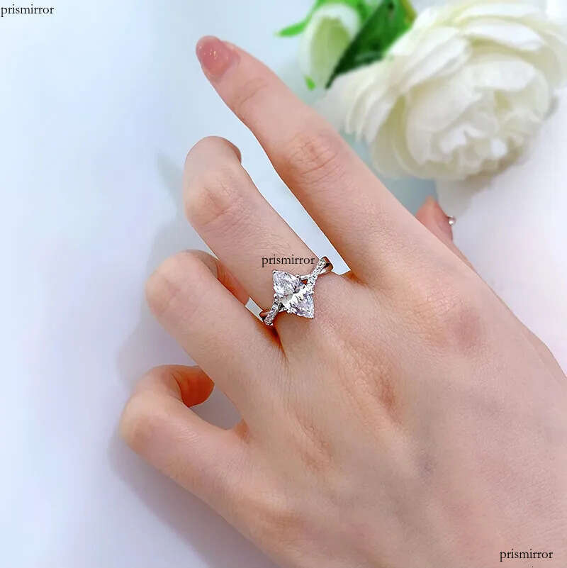 PANSYSEN 100% Sterling Sier Marquise Cut Simulated Moissanite Dia Wedding Engagement Ring Women Fine Jewelry Wholesale