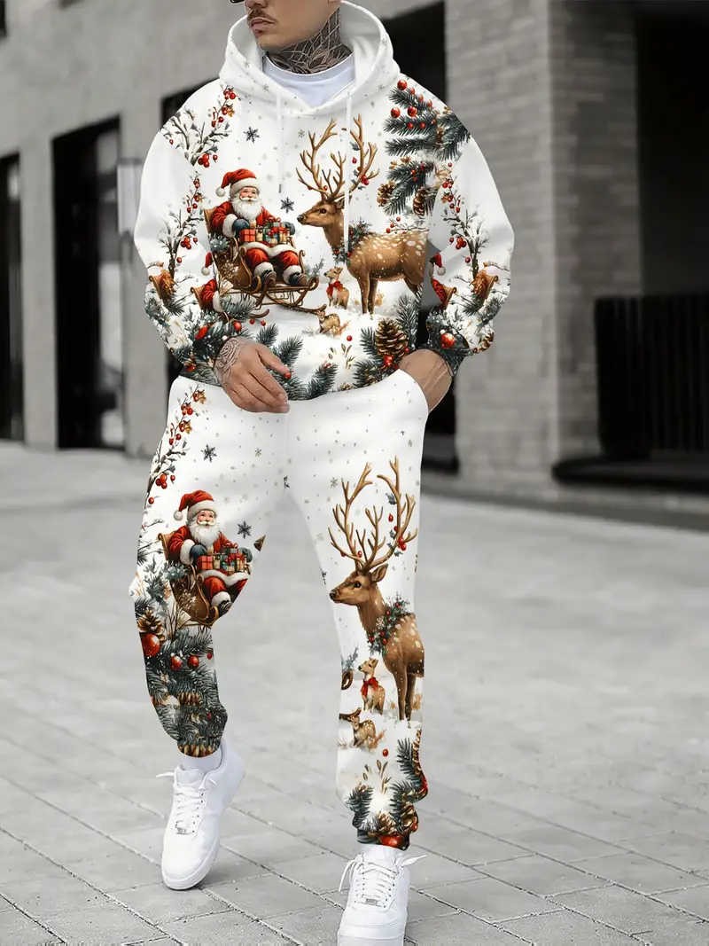 Men's Christmas Santa & Reindeer Graphic Hoodie Set - 2 Piece Casual Streetwear Outfit2-3-Christmas Edition