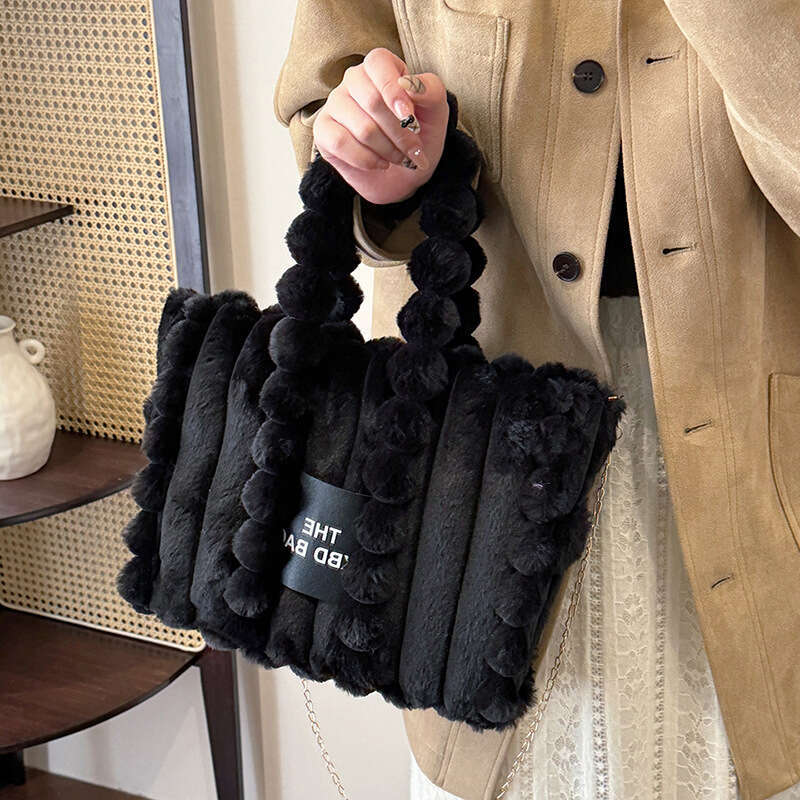 Winter New Tote Large Capacity Letter Embroidery Shoulder Handheld Crossbody Plush Trendy Bag