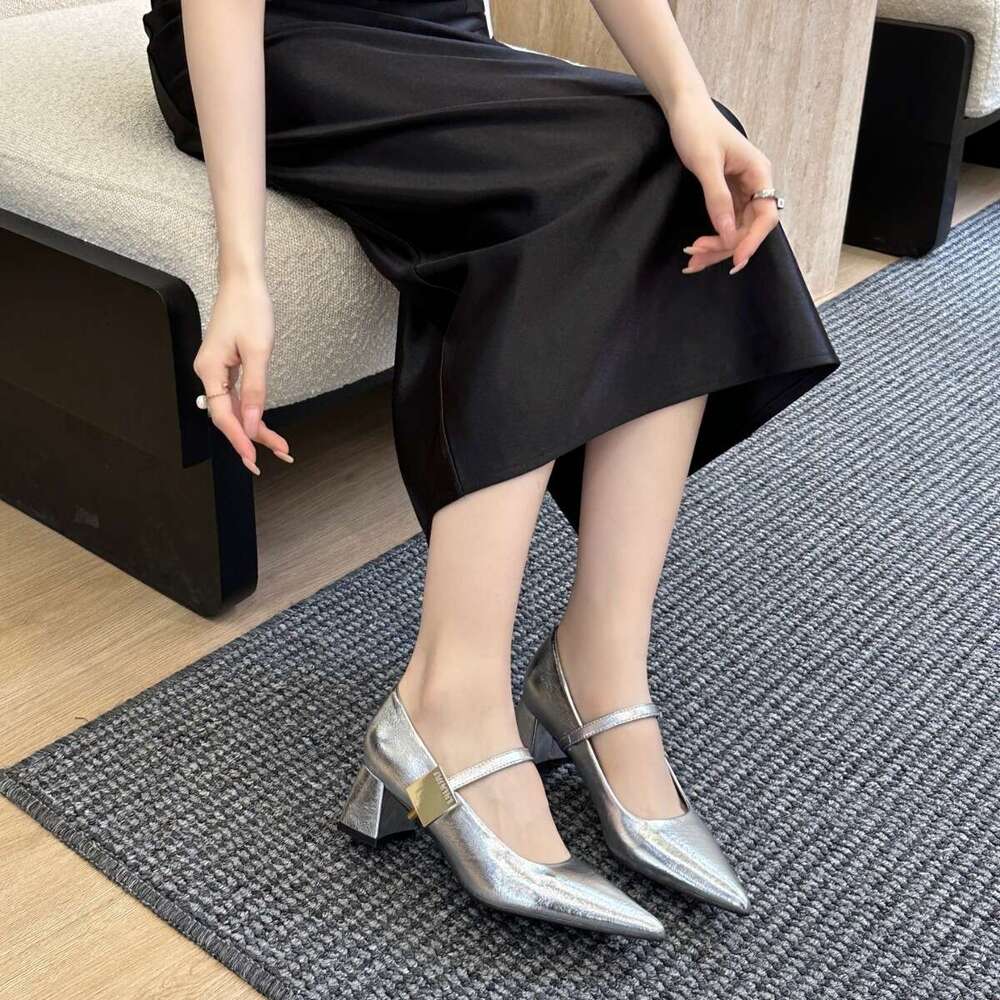 Chunky Heel French Pointed Toe Single for Women 2025 New Spring Summer Winter Mary Designer Shoe Jane Leather Shoes
