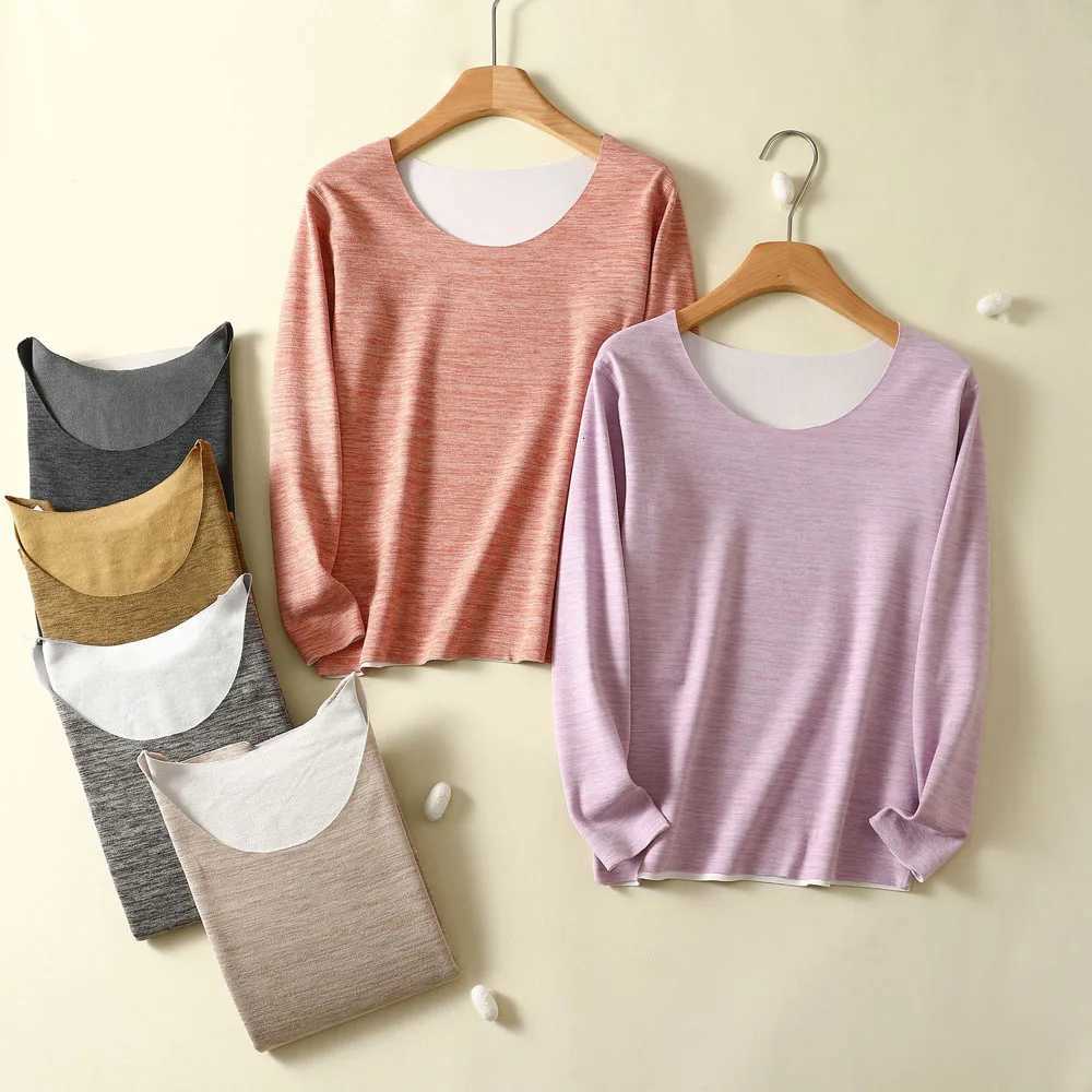 AB color cotton German velvet thermal top womens autumn and winter round neck longsleeved bottoming shirt plus velvet autu T251018