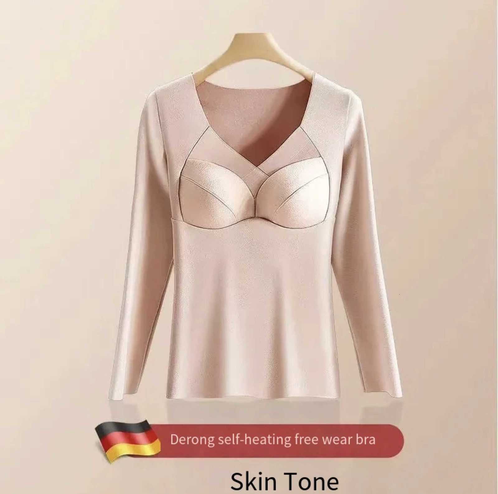 Women Thermal Underwear Plus Size Fixed Cup Autumn Winter Stretchy Longsleeved Vneck Padded Tshirt Thick Top Female Lingerie T251018