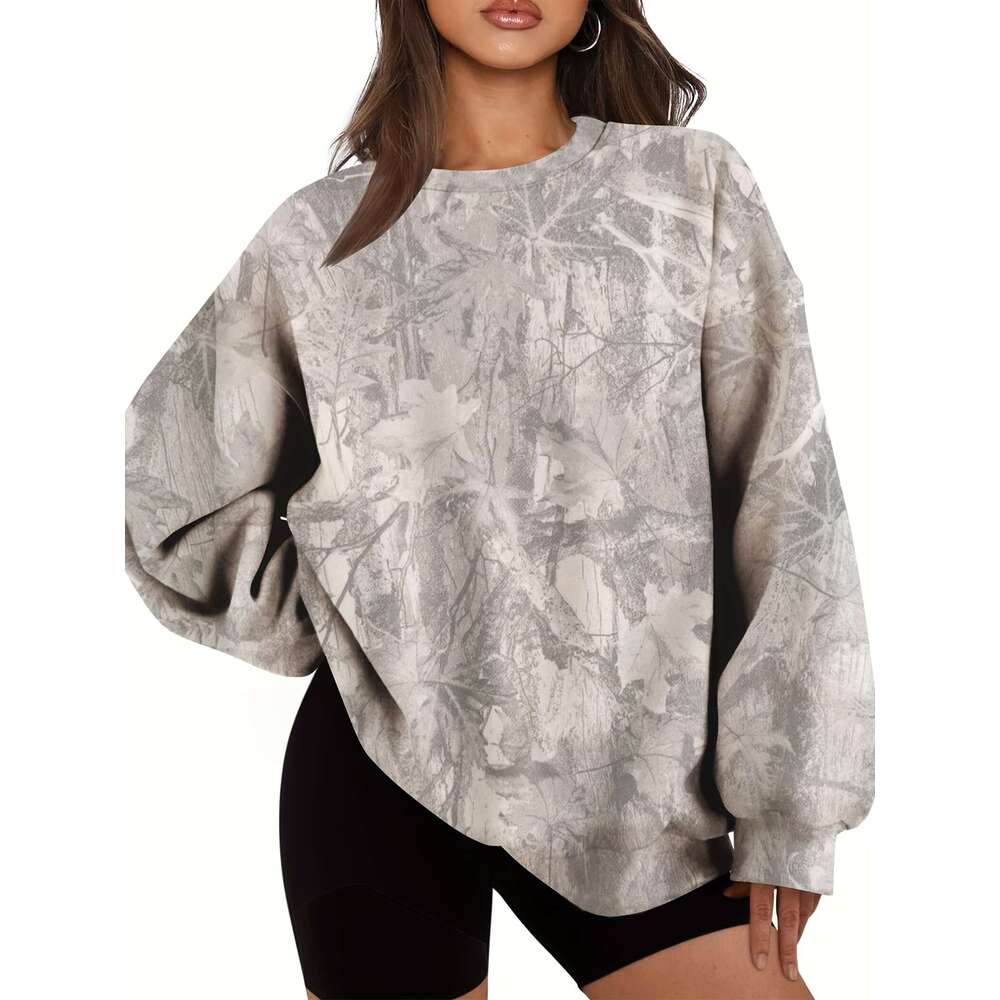 Women's Oversized Camo Sweatshirt - Long Sleeve, Loose Fit, Green & Black Leaf Pattern, Pullover With Ribbed Cuffs, All-Season Comfort, Casual We