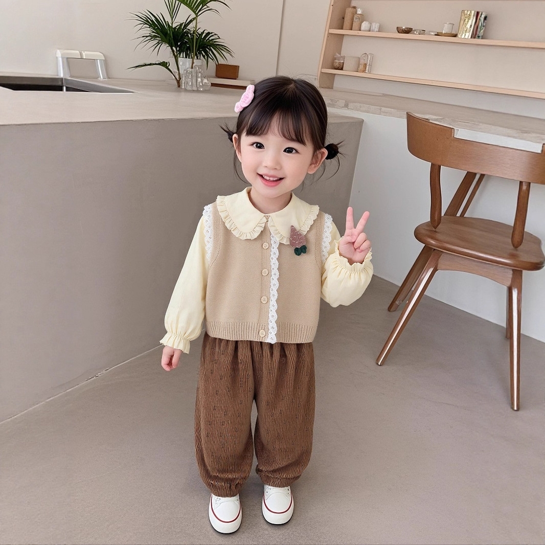 Girls' Autumn Set 2025 New Fashionable Baby Lace Sweater Vest Children's Casual Spring and Autumn Three Piece Set free shipping designer