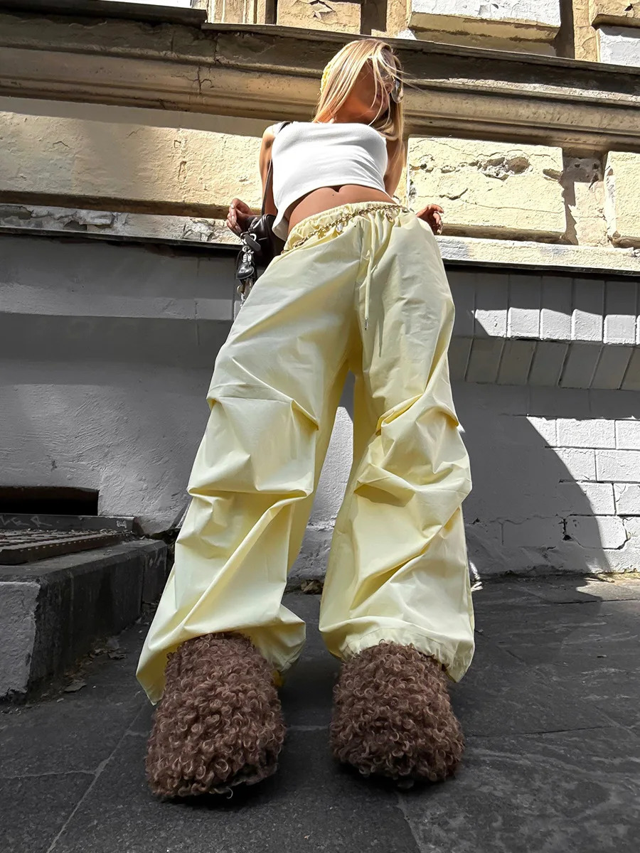 Blubelle Womens Low Waist Cargo Pants Drawstring Ruched 100Cotton Baggy Trousers Elastic Hem Autumn Casual Streetwear 251017