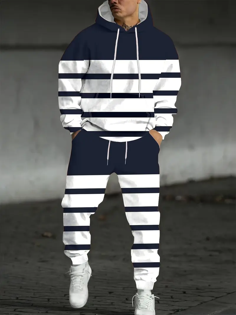 Men's Striped Color Block Hoodie Set - 2 Piece Casual Streetwear Tracksuit 2-3-3