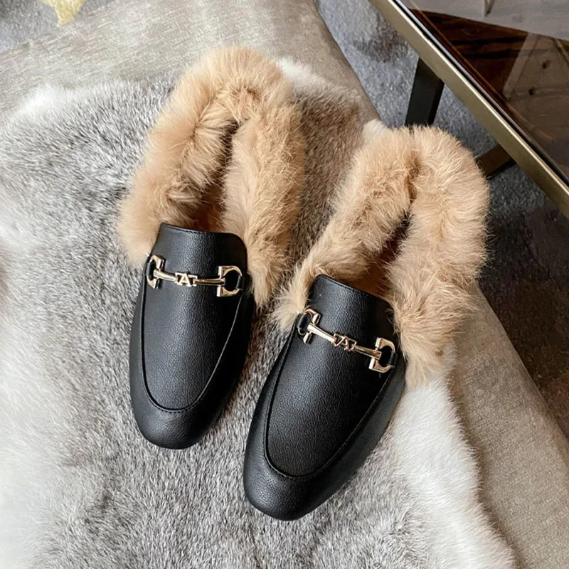 Autumn Winter Loafers Women Rabbit Fur Booties Slipon Ankle Boots Flat Botas De Mujer Plush Warm Boot British Leather Shoes 251013