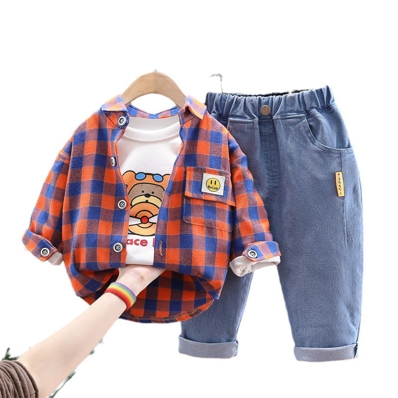 Children's outer set baby boys and girls spring and autumn clothing 1-4 years old foreign trade boys' checkered shirt denim three piece set