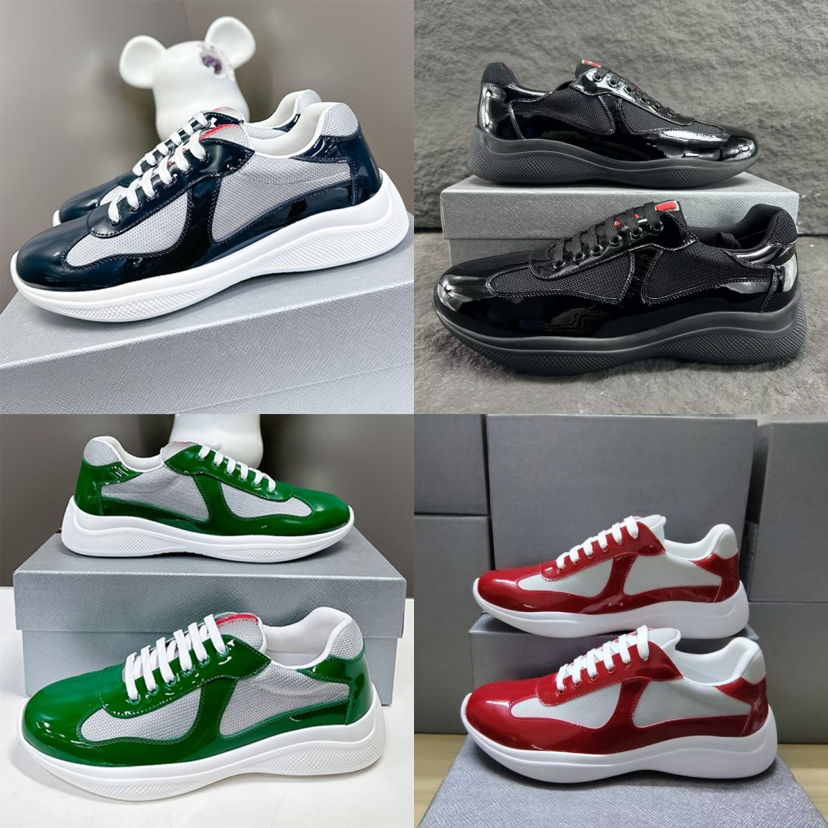 Designer chaussure Shoes luxury man designer Mens Sneakers Americas Cup Low Leather Patent Leather Lace Up Black Green Yellow Fashion Round Toe Sport Casual Shoe