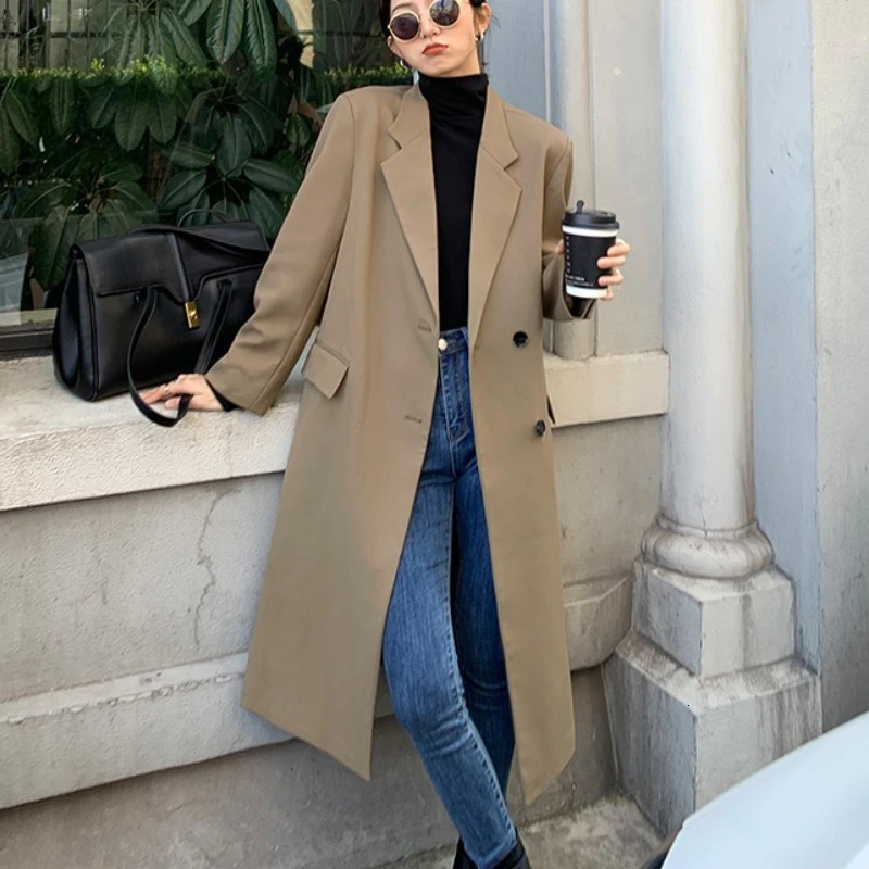 REALEFT Autumn Winter Vintage Khaki Single Breasted Womens Trench Coat 2025 Long Sleeve Casual Loose Korean Long Blazer 251008