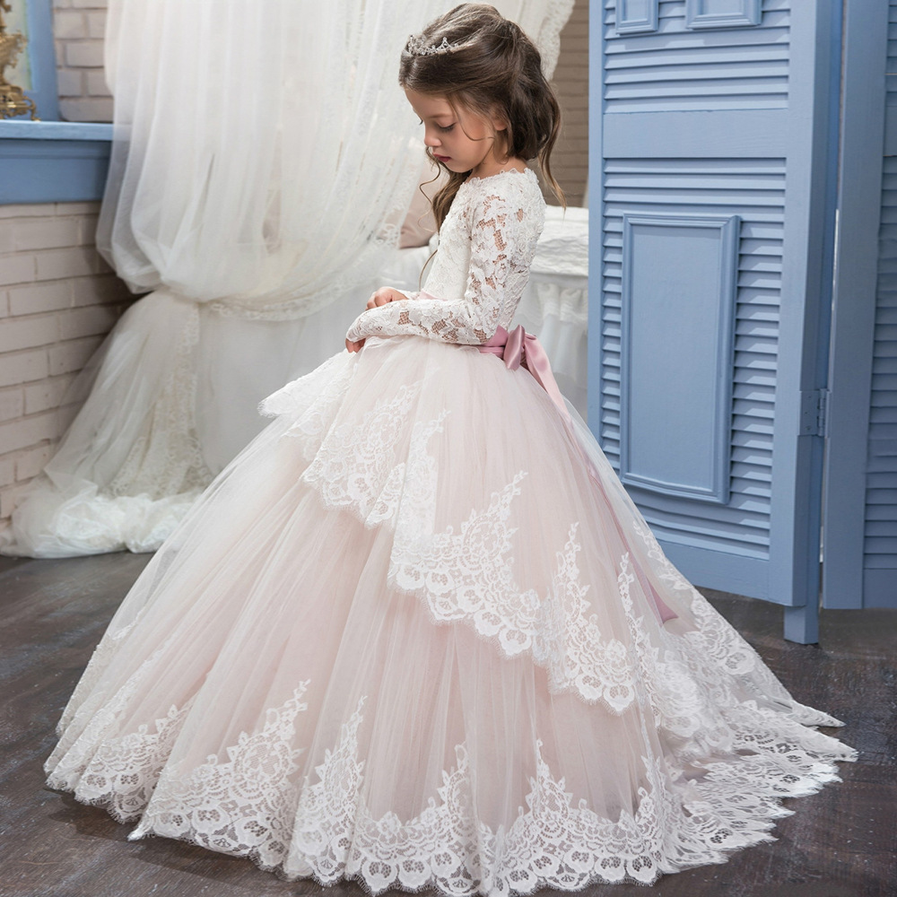 Elegant Idyllic First Communion Gown Flower Girl Dress with Bow Sash Tulle Appliques Wedding Dresses Kids Birthday Party Gowns Z250630