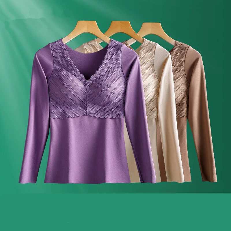 Autumn and Winter German Velvet Lace VNeck Warm and Heat Free Long Sleeve Underwear with Chest Cushion Underlay T251018