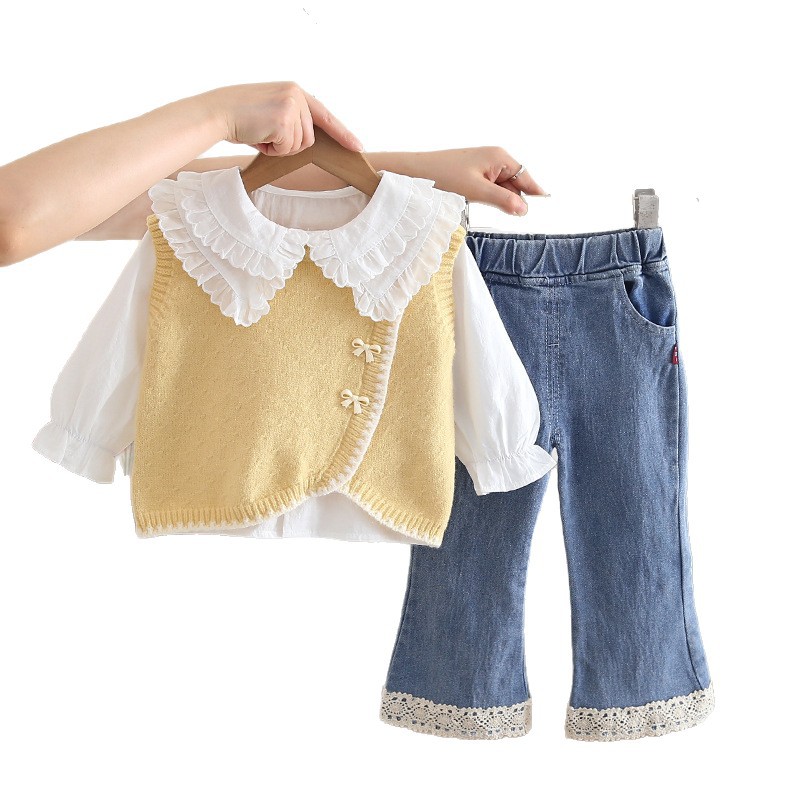 2025 Autumn New Girl Baby Children's Clothing Bow Set Lace Sweater Set Three Piece Set Trendy free shipping