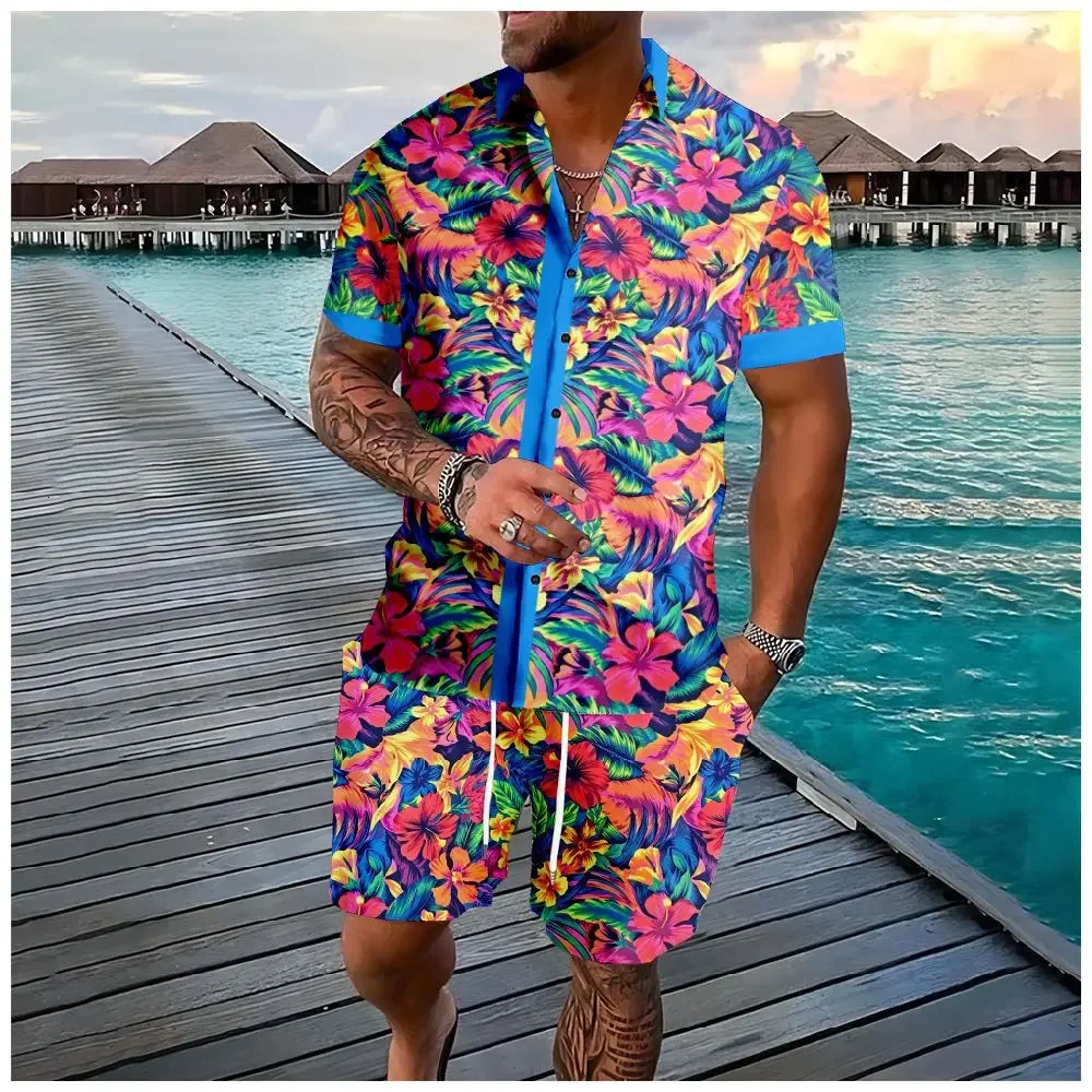 Hawaiian Shirt Flamingo Coconut Tree 3d Print Short Sleeve ShirtShorts 2Pcs Set Casual Beachwear Vacation Suits Men Clothing 251010
