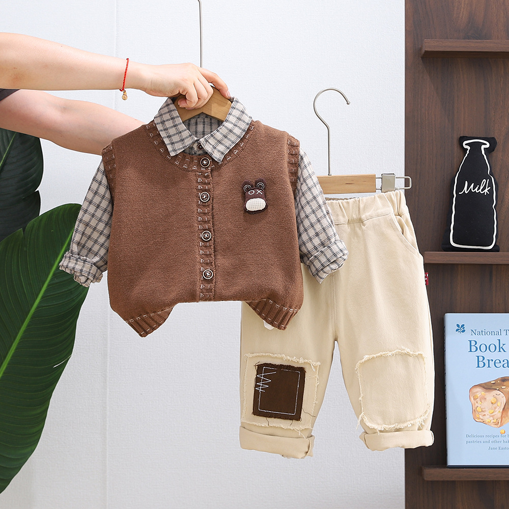 Boys' Spring and Autumn Set 2025 New Style Children's Western Style Baby Bear Head Cardigan Sweater 3-Piece Set Trendy free shipping designe