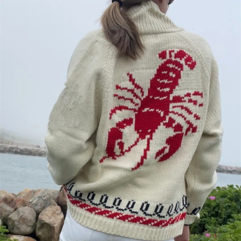Fashion Women Shawl Collar Cardigan Sweater Lobster Print Long Sleeve Button Down Jumper Tops Vintage Chunky Knit Coat 251009