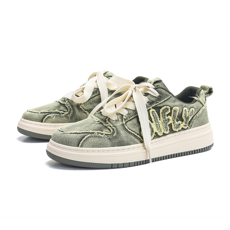 Jiffly Green Vintage Washed Denim Dad Sneakers for Men & Women with Midsole Boost