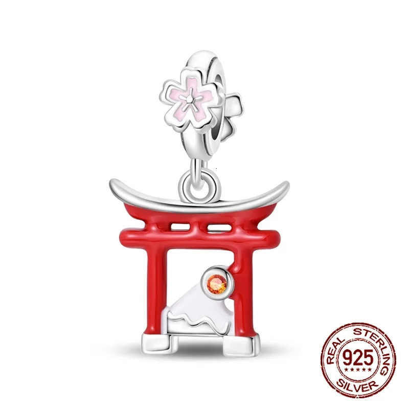 925 Sterling Silver Japanese Torii Shrine Cherry Blossom Souvenir Pendant Fit Original Charm Bracelets Women DIY Jewelry Gift 251013