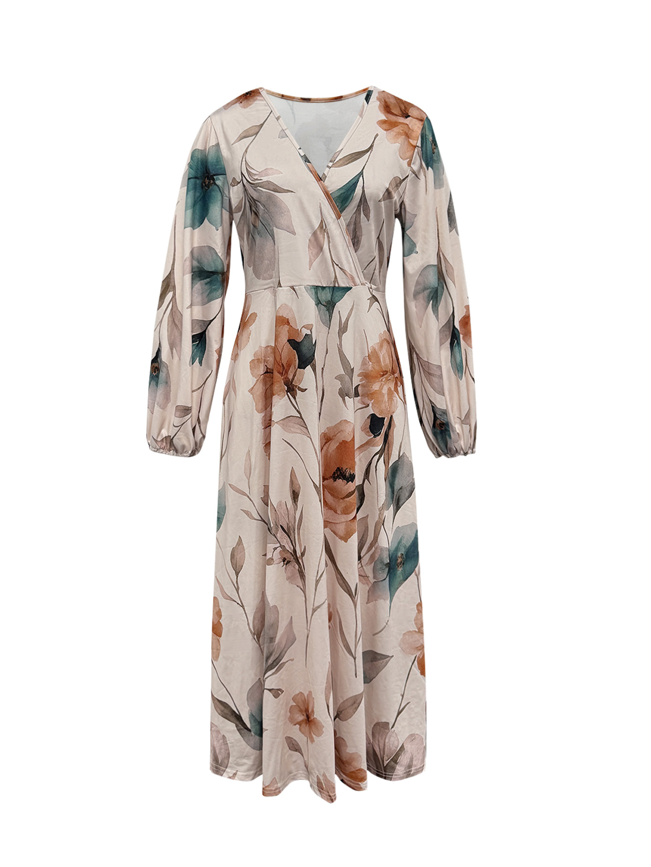 Women's Autumn Winter Floral Print Midi Dress - Elegant Office Casual Long Sleeve Dress-CF56163