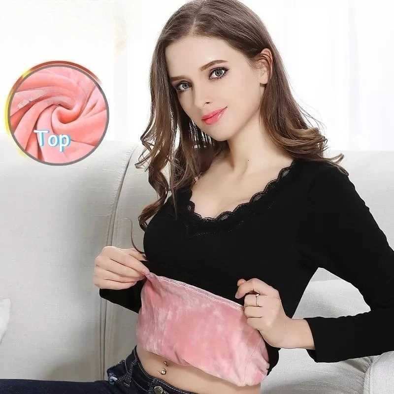 2025 Lace Bottoming Shirt for Women Winter Fleece Body Tights Solid Color Vneck Pullover Basic Thermos Thick Longsleeved Tops T251018
