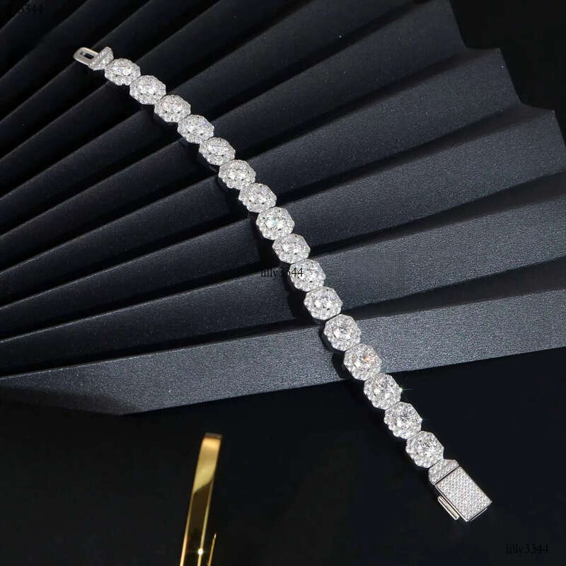 2024 Selling Hip Hop GRA 6.5mm D VVS Moissanite Dia Halo Style 8 Inches Solid Heavy Sier Cuban Bracelet