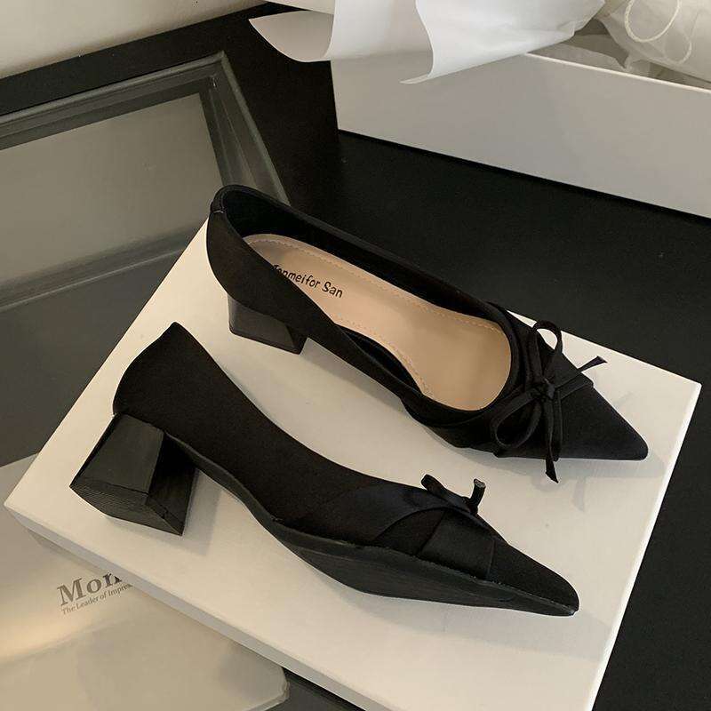 French Style Pointed Toe Single Shoes for Women, Chunky Heel 2025 New Designer Shoe Gentle Style, Elegant Bowknot Mid-Heel Shoes, High Heels
